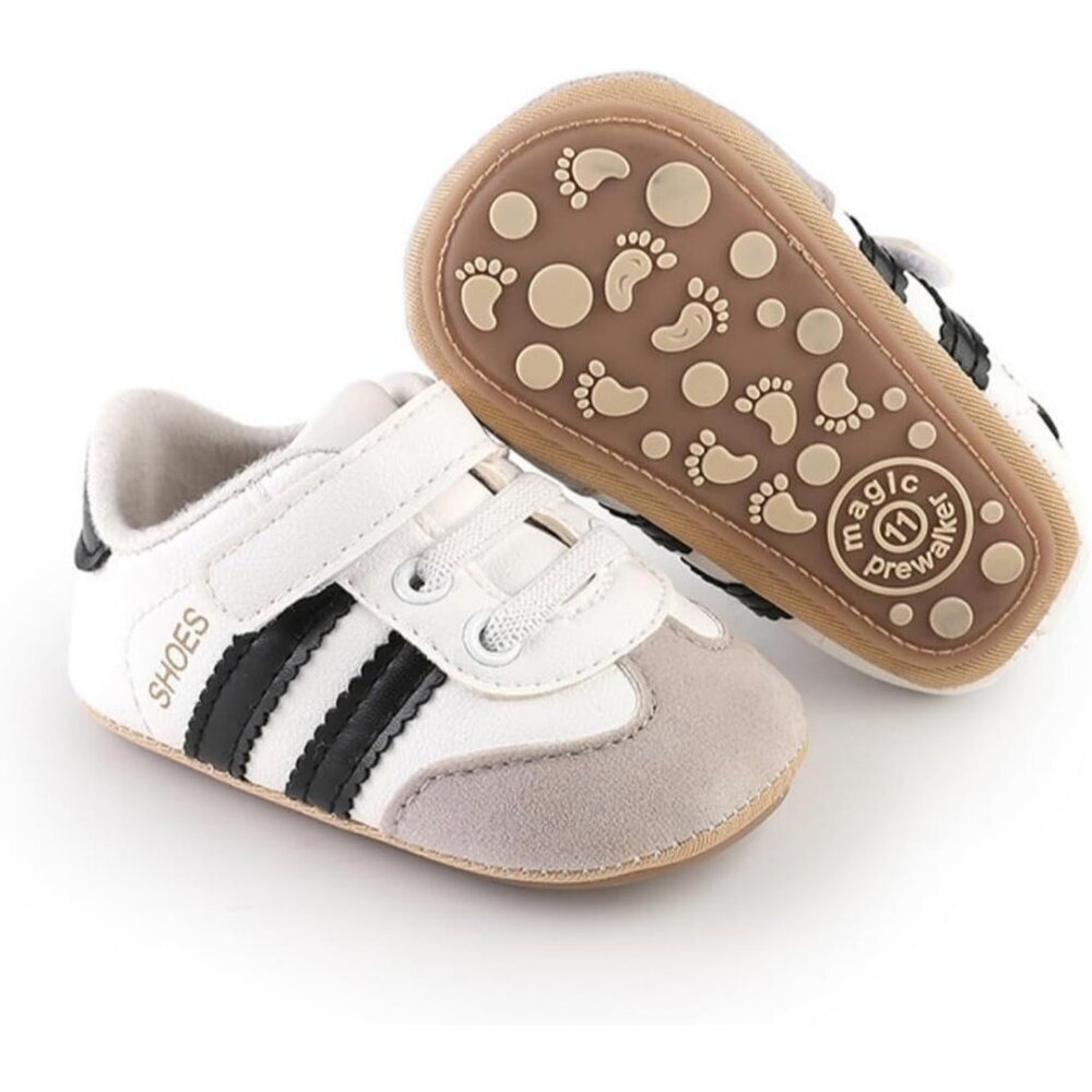 Baby Boys Girls Black Faux Leather Rubber Sole Retro Walking Sneakers Shoes